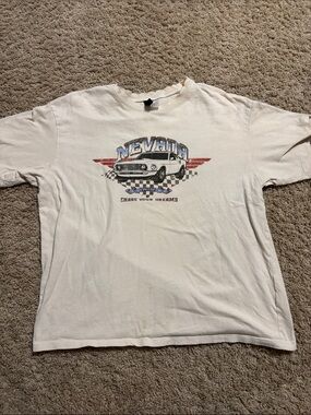 Divided Cream Graphic Tee with Blue and Black Print